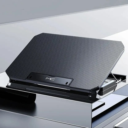 R.E.D. Shopping Q100 17-inch gaming laptop cooling pad with LED screen, dual USB ports, and 2600 RPM fan for enhanced cooling.