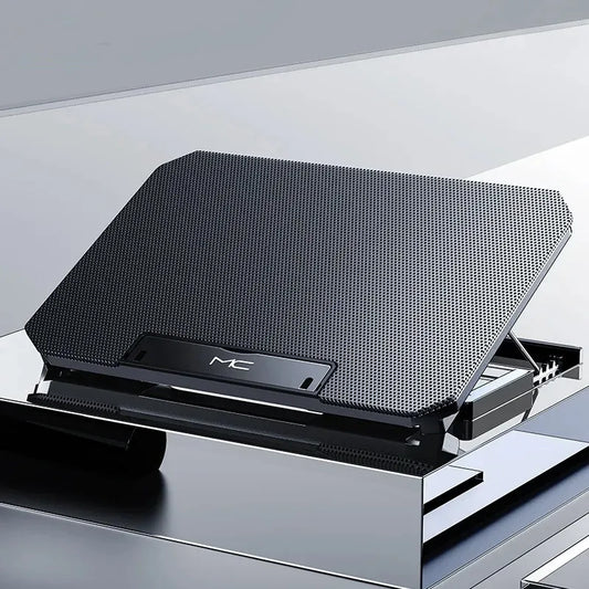 R.E.D. Shopping Q100 17-inch gaming laptop cooling pad with LED screen, dual USB ports, and 2600 RPM fan for enhanced cooling.