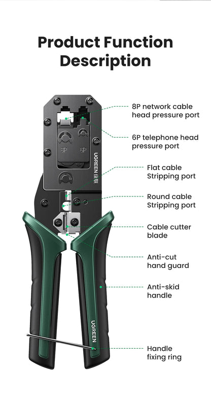 UGREEN RJ45 Crimper Tool NW136 | CAT6/7 Ethernet Cable Crimping Pliers | Cutter & Stripper | 8P/6P