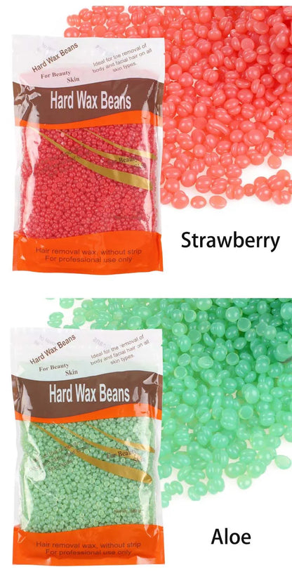 Hard wax beans for hair removal by R.E.D. Shopping, shown in 500g, 200g, and 50g sizes, suitable for professional waxing treatments.