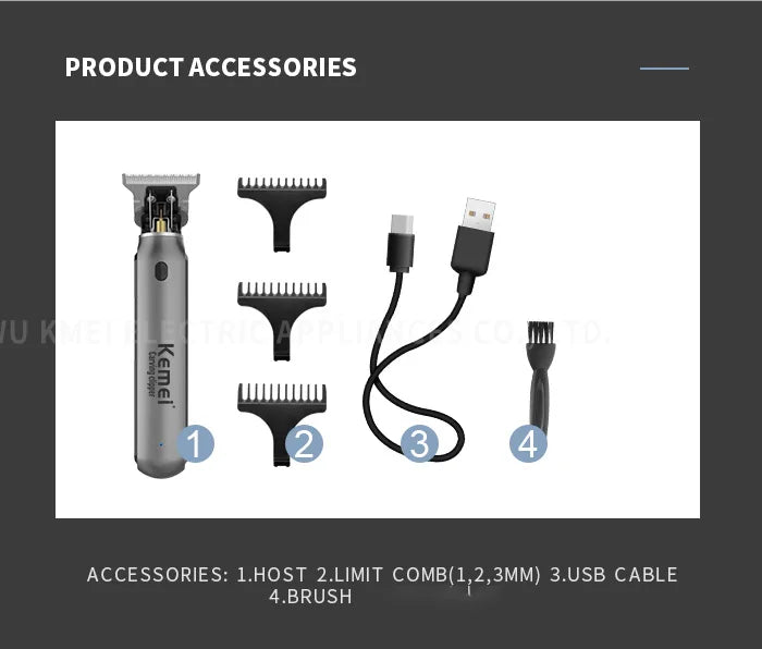 Kemei Professional Cordless Hair Trimmer with titanium blade, black and silver design, suitable for precise hair cutting.
