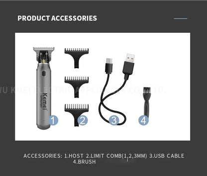 Kemei Professional Cordless Hair Trimmer with titanium blade, black and silver design, suitable for precise hair cutting.