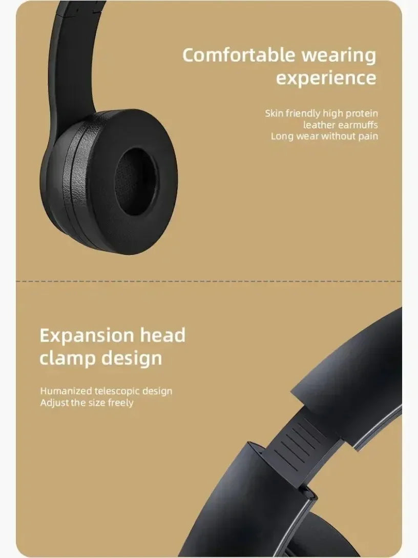 Wireless Bluetooth 5.0 foldable headset with headmount, TF card slot, and wired option, designed for versatile audio use.