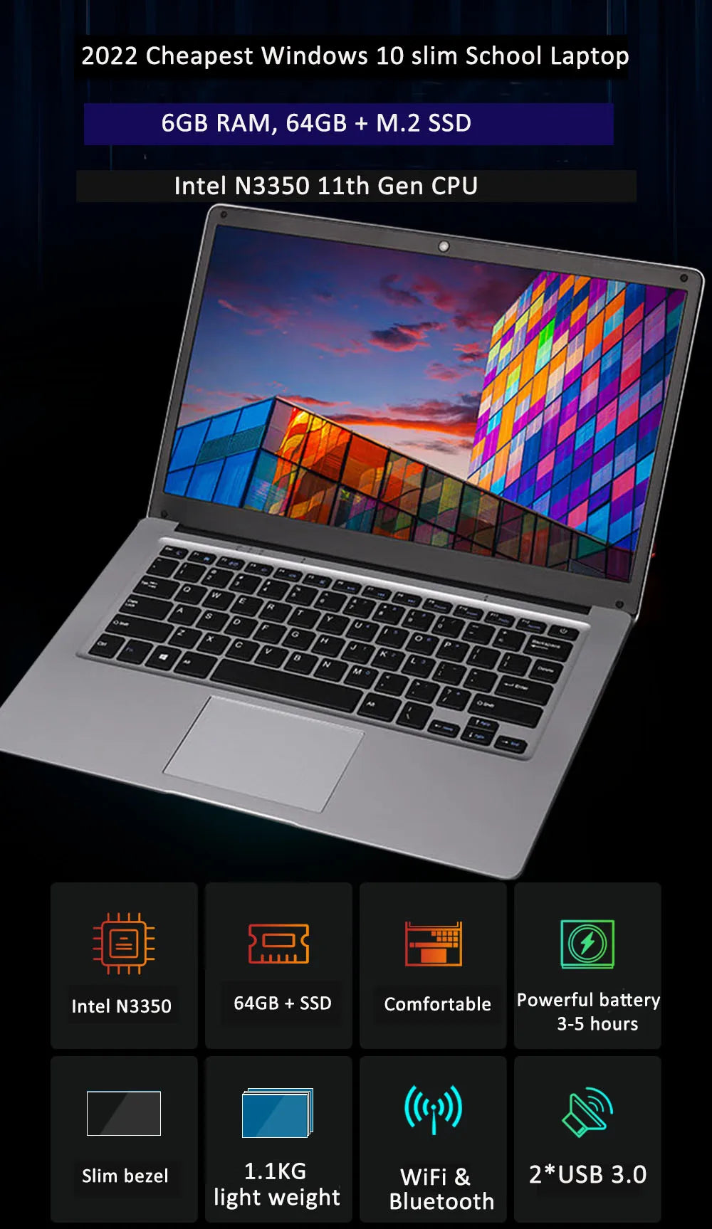 GMOLO 14" Netbook – Intel Celeron N3350, 4/6GB RAM, up to 256GB SSD, Wi-Fi, Windows 10
