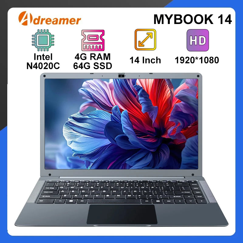 Adreamer MyBook14 14" Laptop — Intel N4020C, 4GB RAM, 64GB SSD, 1080p IPS, Windows 10