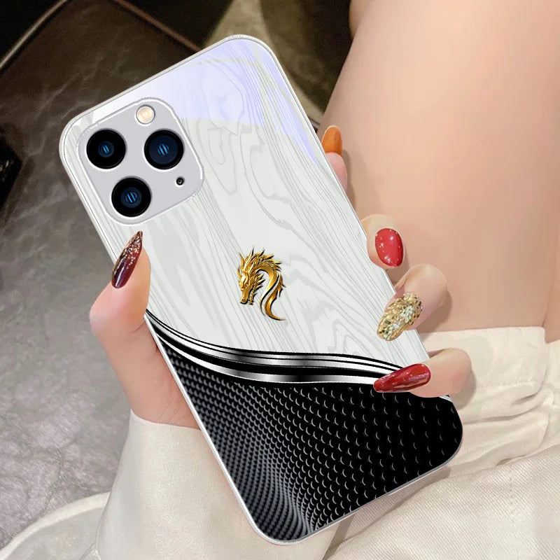 Wood grain dragon rose tempered glass iPhone case by R.E.D. Shopping showing intricate dragon and rose design on clear protective cover.