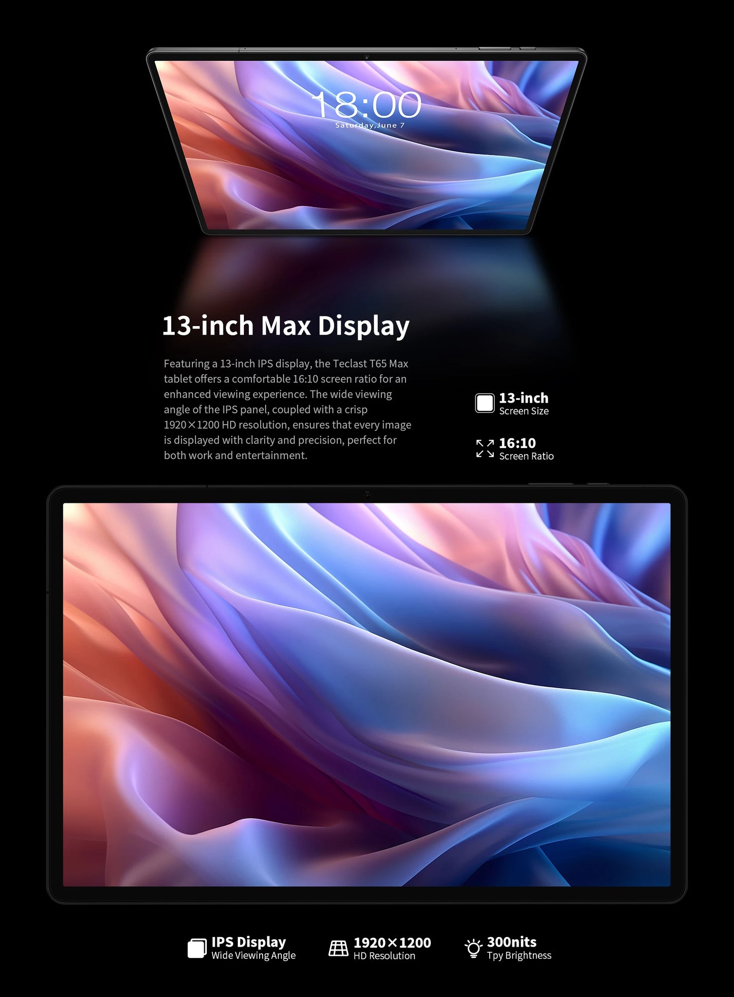 Teclast T65 Max – 13" FHD 4G LTE Tablet, MediaTek G99, 8GB+256GB, 10000mAh, Android 14, Widevine L1