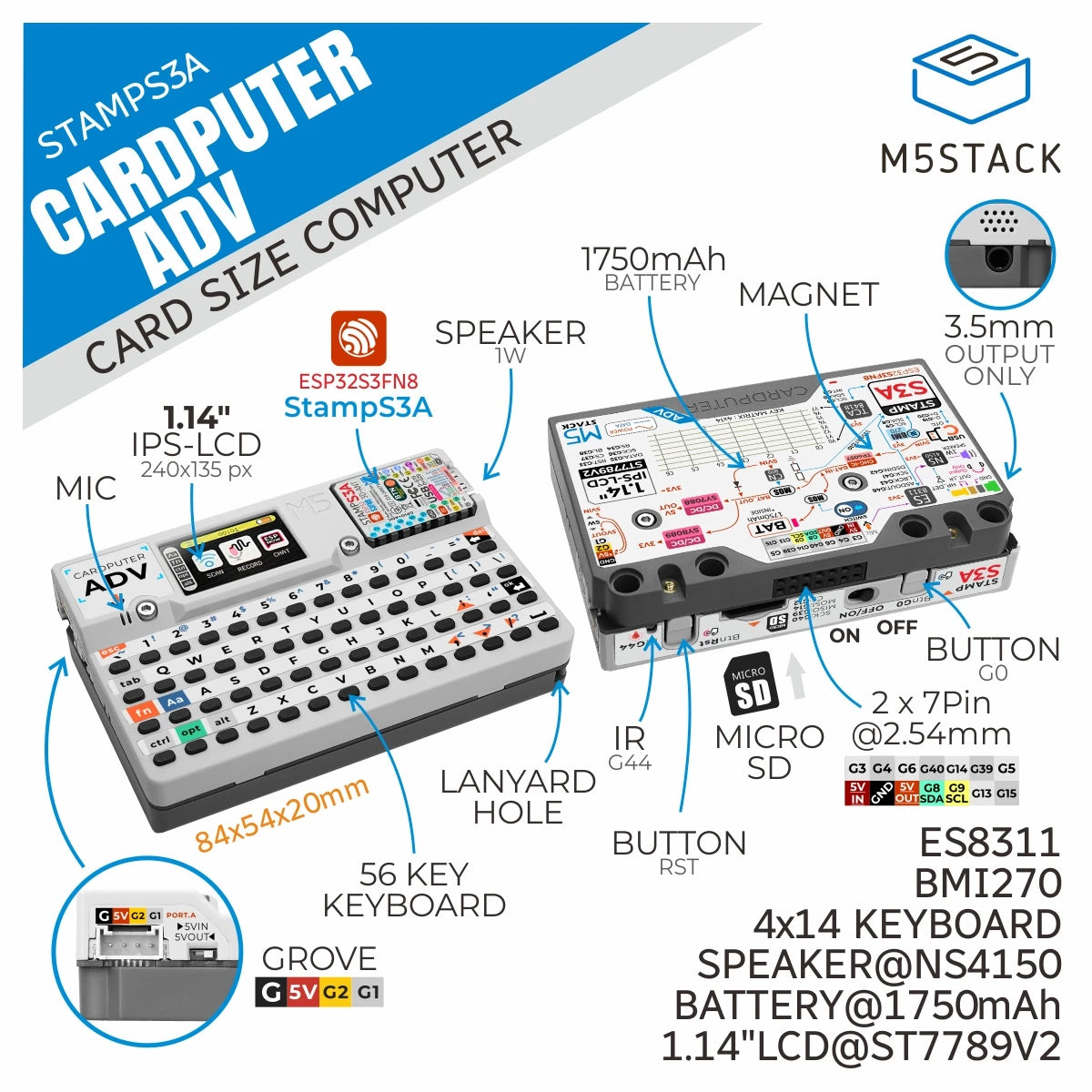 M5Stack Cardputer Adv – ESP32 Portable Mini Computer, 1.14" Screen, 56-Key Keyboard