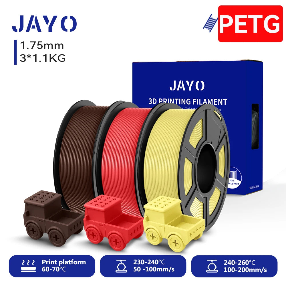 JAYO PETG/High Speed Matte PETG 3D Printing Filament 1.75MM Mix-Colors & No bubbles &Non-toxic For 3D Printer & Pen 3Rolls