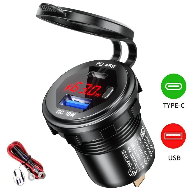 63W Aluminum USB-C Car Charger Socket – PD & QC3.0 Dual Port, 12V/24V for Car, Boat & Motorcycle