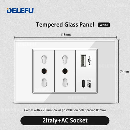 DELEFU Tempered Glass Wall Socket with USB-C Fast Charging – Schuko/Italy