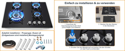 TopStrong 60cm 4-Burner Built-In Gas Hob – Black Tempered Glass, 8060W Dual Fuel