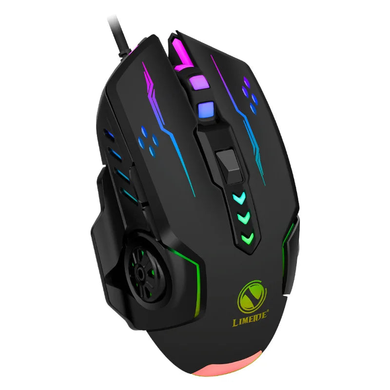 R.E.D. Shopping V7 wired mechanical gaming mouse with LED lights, ambidextrous design for laptops and desktops, side buttons visible.