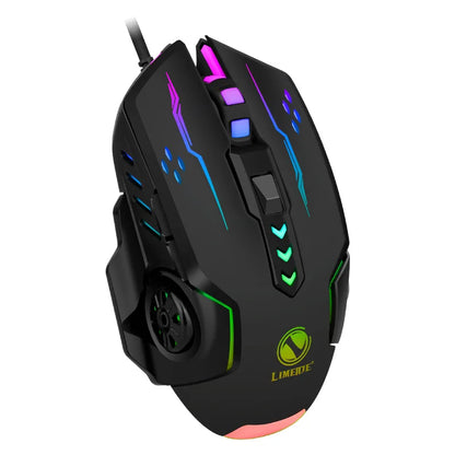 R.E.D. Shopping V7 wired mechanical gaming mouse with LED lights, ambidextrous design for laptops and desktops, side buttons visible.