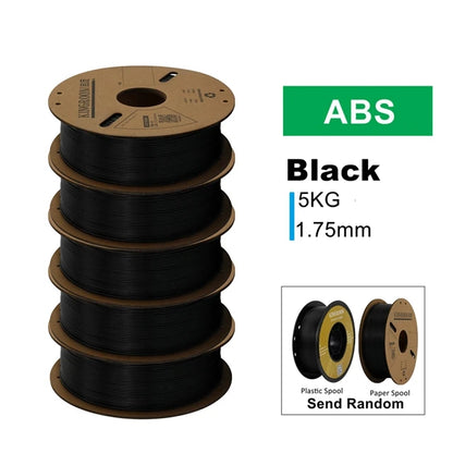 KINGROON 3D Printer Filament Bundle – 5KG, 1.75mm PLA / PETG / TPU / ABS, No Bubbles, Random Spool