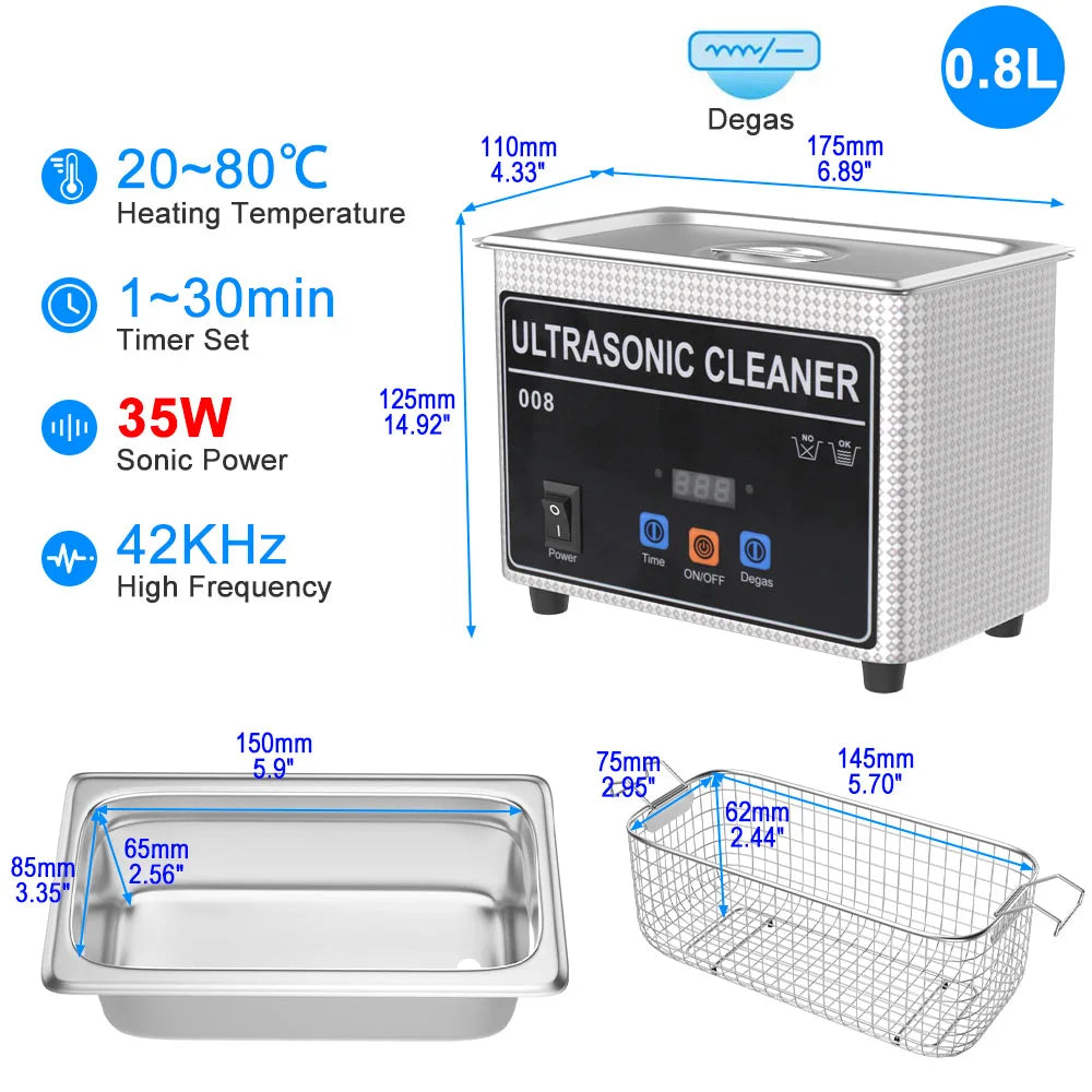 Ultrasonic Cleaner Bath 800ml–30L – Heated 35W–900W Portable Washing Machine, EU/UK/AU/US Plug