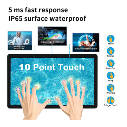 8-inch to 43-inch R.E.D. Shopping wall-mount PCAP multi-touch all-in-one computer with interactive display and sleek electronic design.
