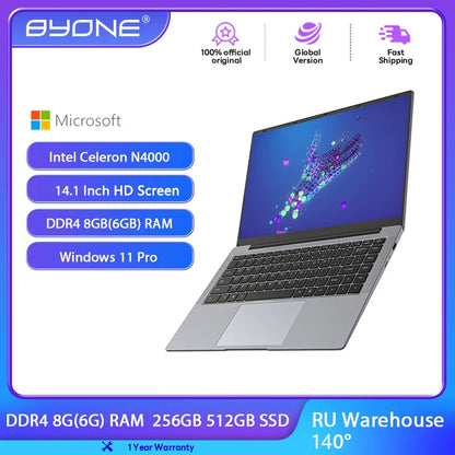 BYONE 14.1" Laptop — Intel N4000, 6GB RAM, Up to 512GB SSD, HD LCD, WiFi, Windows 11