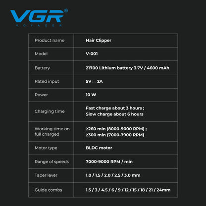 VGR V-001 Professional Hair Clipper – 9000RPM, 21-Speed, DLC Blades, 300min, USB
