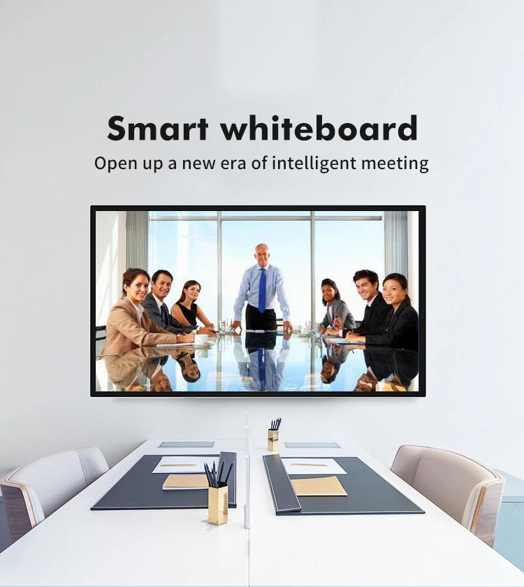 Interactive TouchWo whiteboard display showing a bright, high-resolution screen with colorful digital content in a modern office setting.