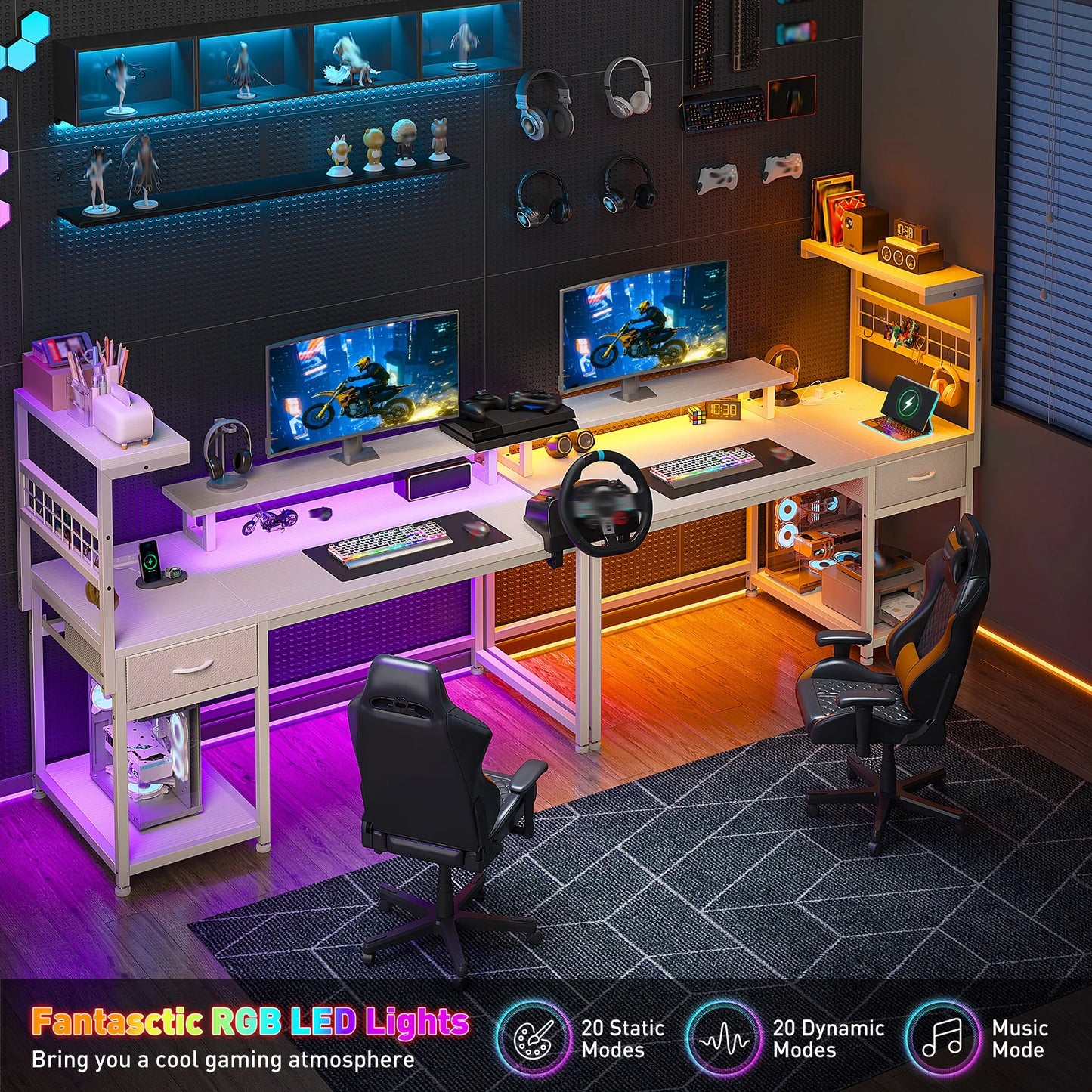 EnHomee 40" Gaming Desk with Power Outlets & RGB LED – Drawer, Storage Shelves & Monitor Stand
