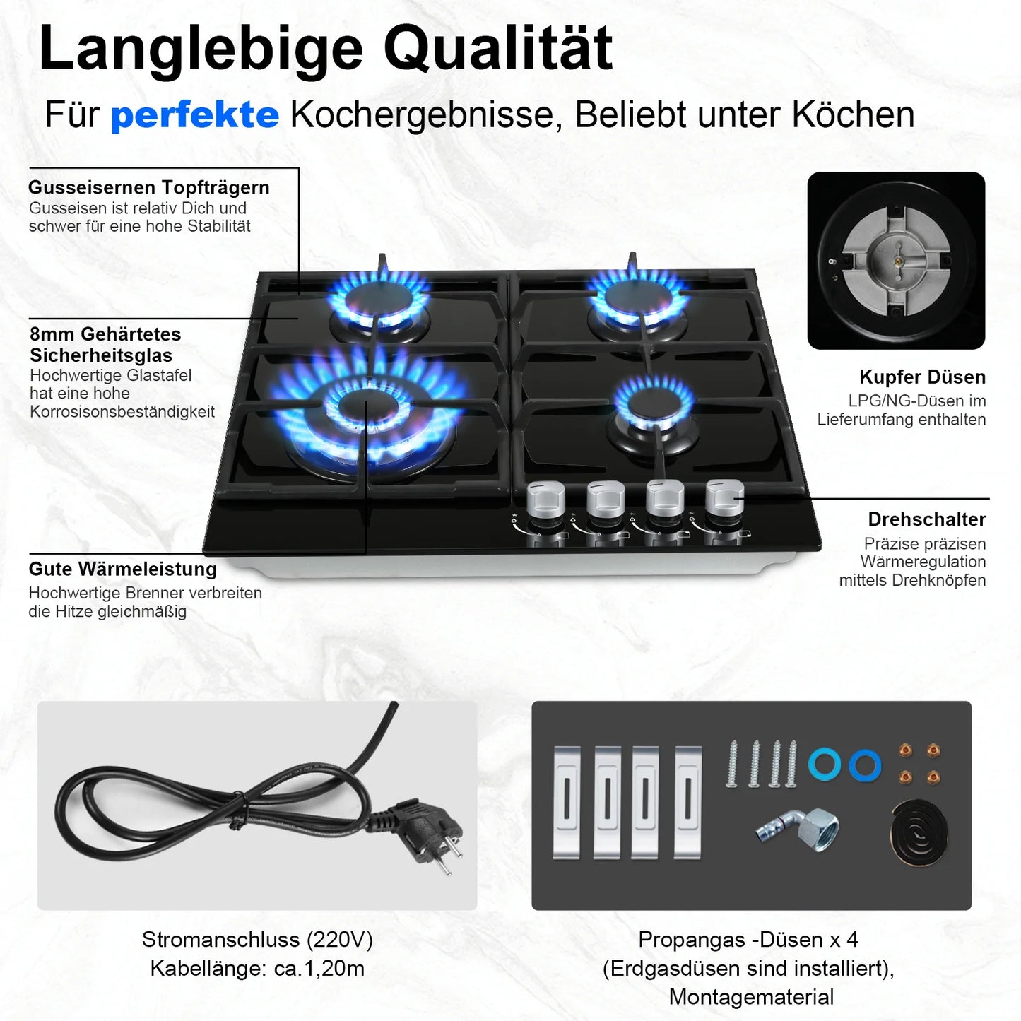 TopStrong 58cm Gas Hob | 4 Burner Dual Fuel NG/LPG | 8060W | CE Certified