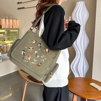 Vintage Bird Print Canvas Crossbody Bag - Large Capacity Shoulder Bag