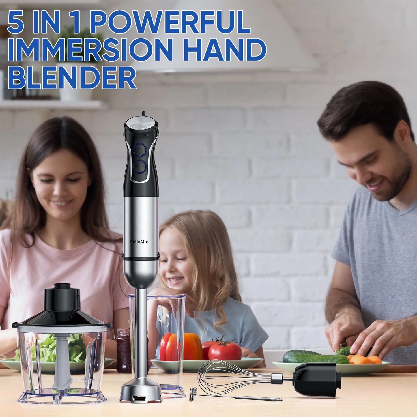 BioloMix 5-in-1 1500W Immersion Hand Blender – Stainless Steel Food Processor
