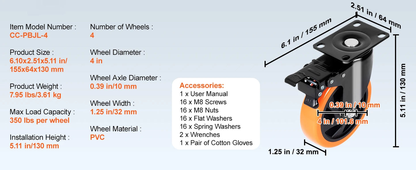 SucceBuy Swivel Plate Casters Set of 4 – 2–6 inch, Dual Locking PVC Wheels