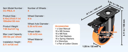 SucceBuy Swivel Plate Casters Set of 4 – 2–6 inch, Dual Locking PVC Wheels