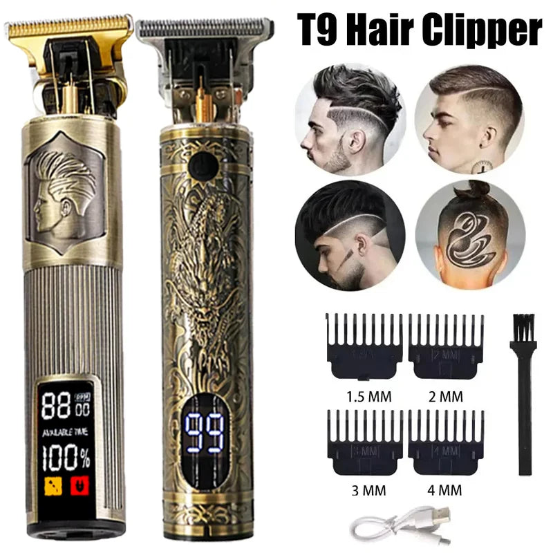 R.E.D. Shopping T9 electric hair trimmer with USB charging, professional 0mm bald fade clipper for men's hair grooming.