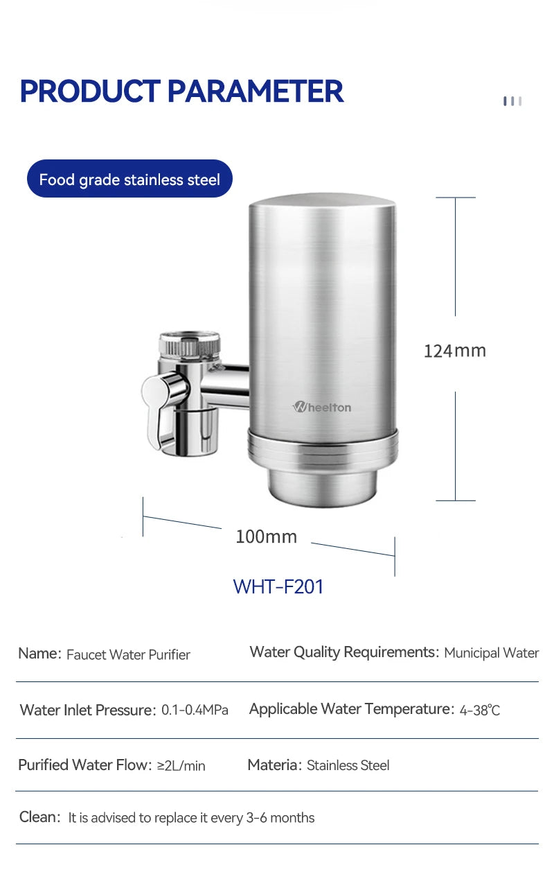 Wheelton Stainless Steel Faucet Water Filter – Activated Carbon Ceramic Purifier