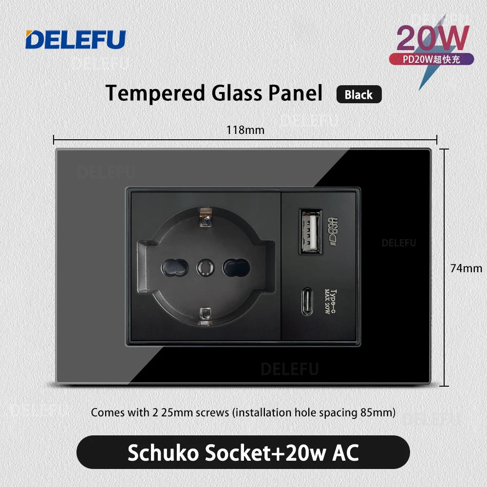 DELEFU Black Tempered Glass Wall Socket – USB Type-C Fast Charging Schuko & Italy