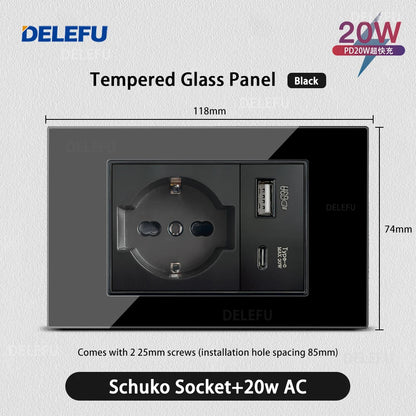 DELEFU Black Tempered Glass Wall Socket – USB Type-C Fast Charging Schuko & Italy