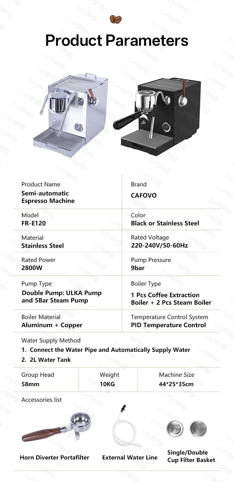 CAFOVO E120 Semi-Automatic Espresso Machine | 20 Bar | Steam Wand | EU 220V