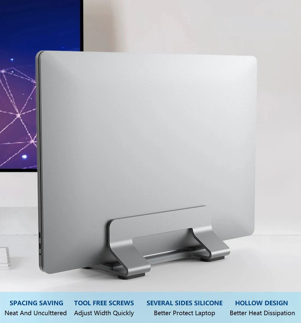 Aluminum Vertical Laptop Stand – Tool-Free, Adjustable 12–30mm, for MacBook, Lenovo, HP, Dell and More