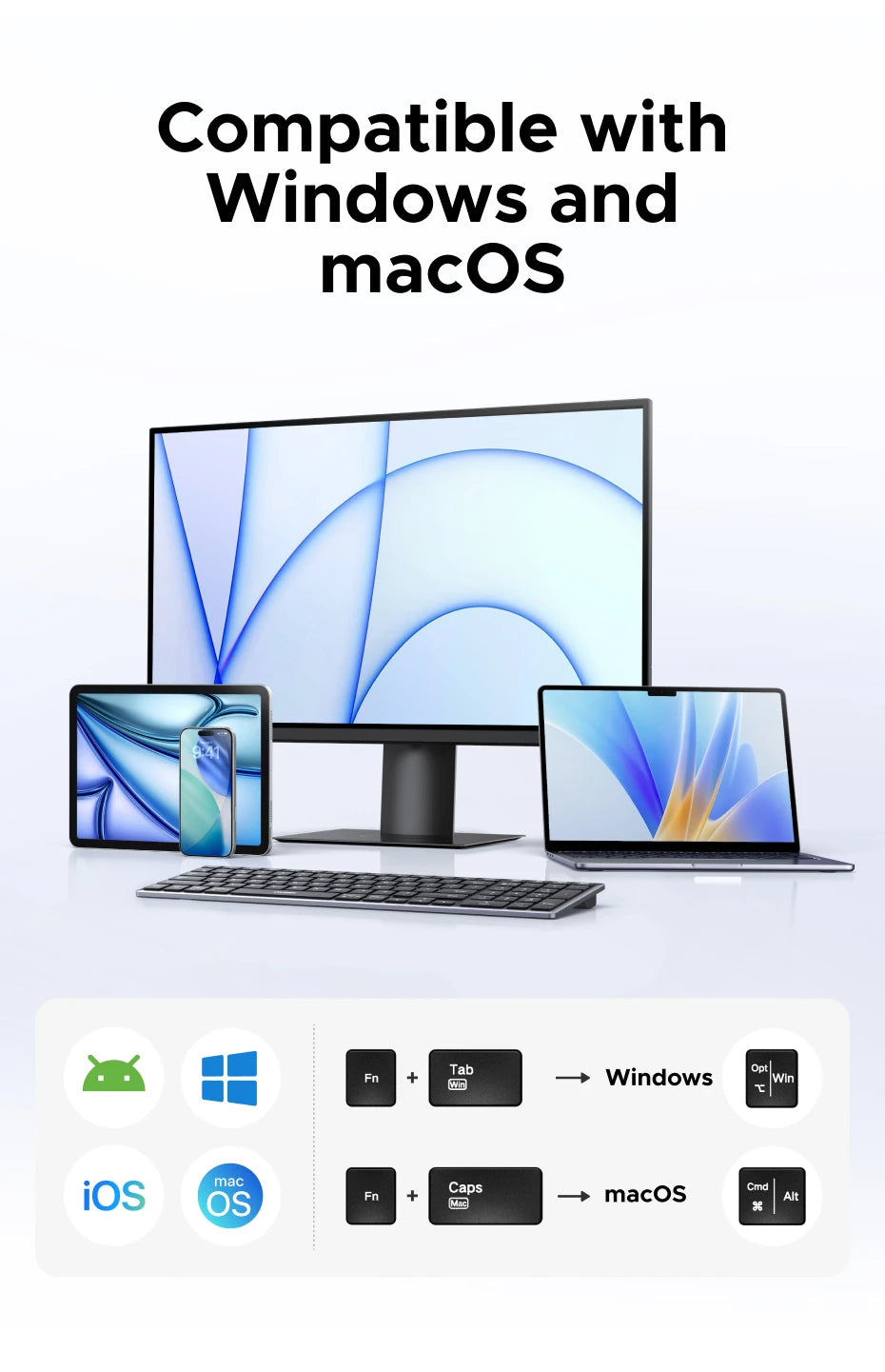 UGREEN Wireless Keyboard – Bluetooth 5.0 & 2.4G, 99 Keys, EN/RU Layout, USB-C Rechargeable | MacBook, iPad, PC, Tablet