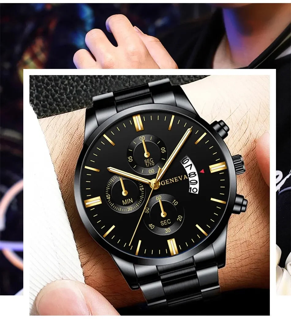 Men’s luxury stainless steel quartz watch with calendar display, stylish business wristwatch by R.E.D. Shopping.