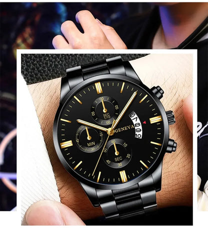 Men’s luxury stainless steel quartz watch with calendar display, stylish business wristwatch by R.E.D. Shopping.