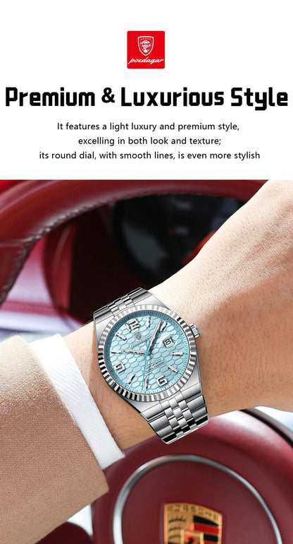 POEDAGAR Men's Luxury Watch – Stainless Steel, Waterproof, Luminous, Date Display, With Box