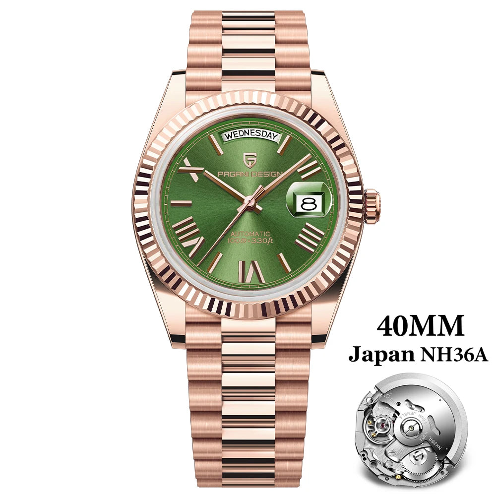 PAGANI DESIGN Men's Automatic Watch – 40mm, NH36A, AR Sapphire Glass, Date & Week, Gold Green