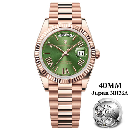 PAGANI DESIGN Men's Automatic Watch – 40mm, NH36A, AR Sapphire Glass, Date & Week, Gold Green
