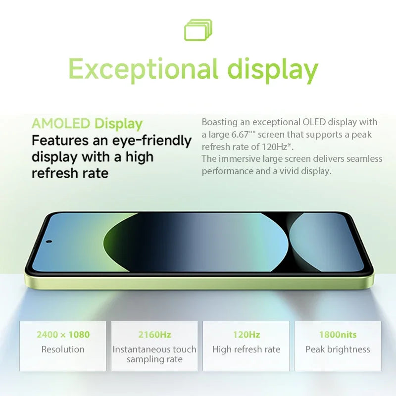 Xiaomi Redmi Note 14 smartphone with 108MP camera, 120Hz display, and MediaTek Helio G99 processor, shown from the front.