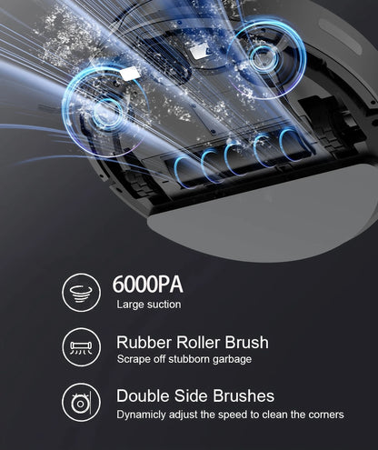Robot Vacuum & Mop Combo – 6000PA Suction, WiFi & Voice Control, Auto-Recharge, Pet Hair | V6