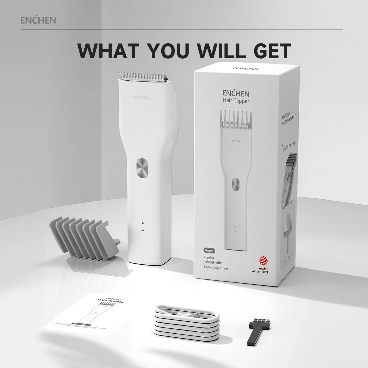 ENCHEN Boost-W Cordless Hair Clipper – USB Rechargeable, Adjustable Comb