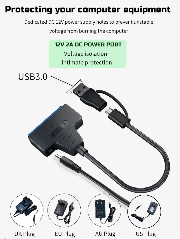 USB 3.0 to SATA Cable for 2.5"/3.5" HDD & SSD – with 12V/2A Power Adapter