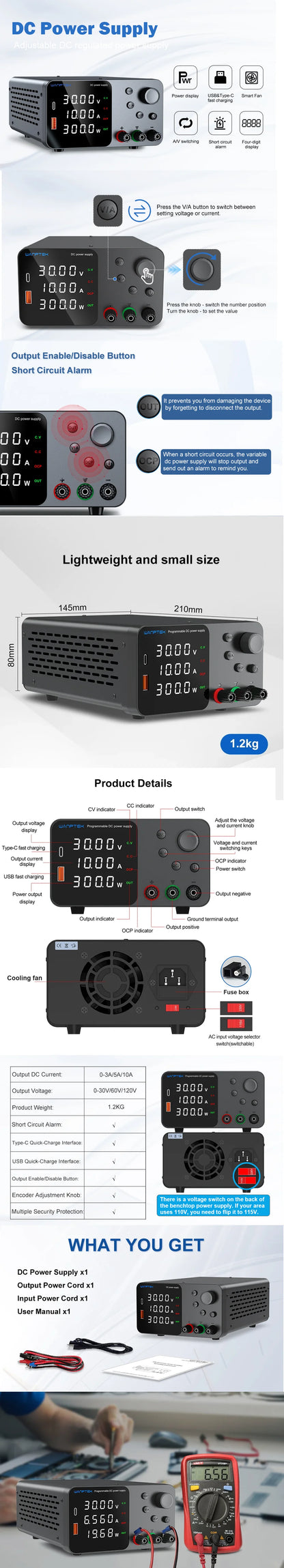 Wanptek Adjustable DC Lab Bench Power Supply – 30V/10A, 60V/5A, 120V/3A