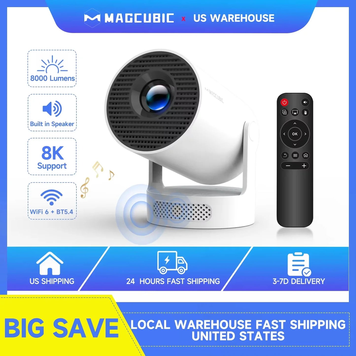 Magcubic HY300 Pro+ Portable Projector – 8000 Lumens, 720P, Android 14, WiFi 6, BT5.4, 5W Speaker