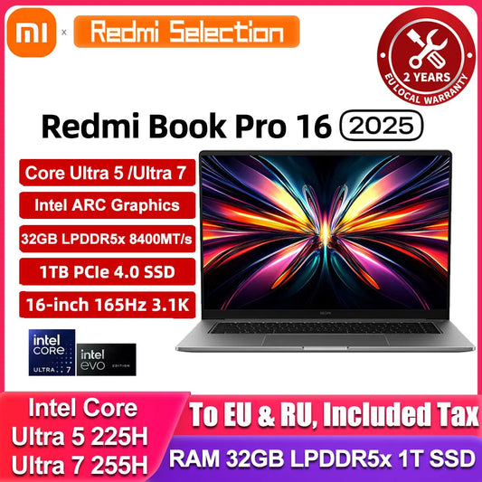 Xiaomi Redmi Book Pro 16 — Intel Ultra 7/Ultra 5, Arc Graphics, 32GB LPDDR5X, 1TB SSD, 3.1K 165Hz