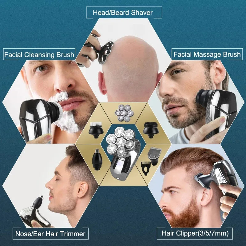 DUTRIEUX 5-in-1 7D Head Shaver for Men – Cordless, Wet & Dry, LED Display, Waterproof, Grooming Kit